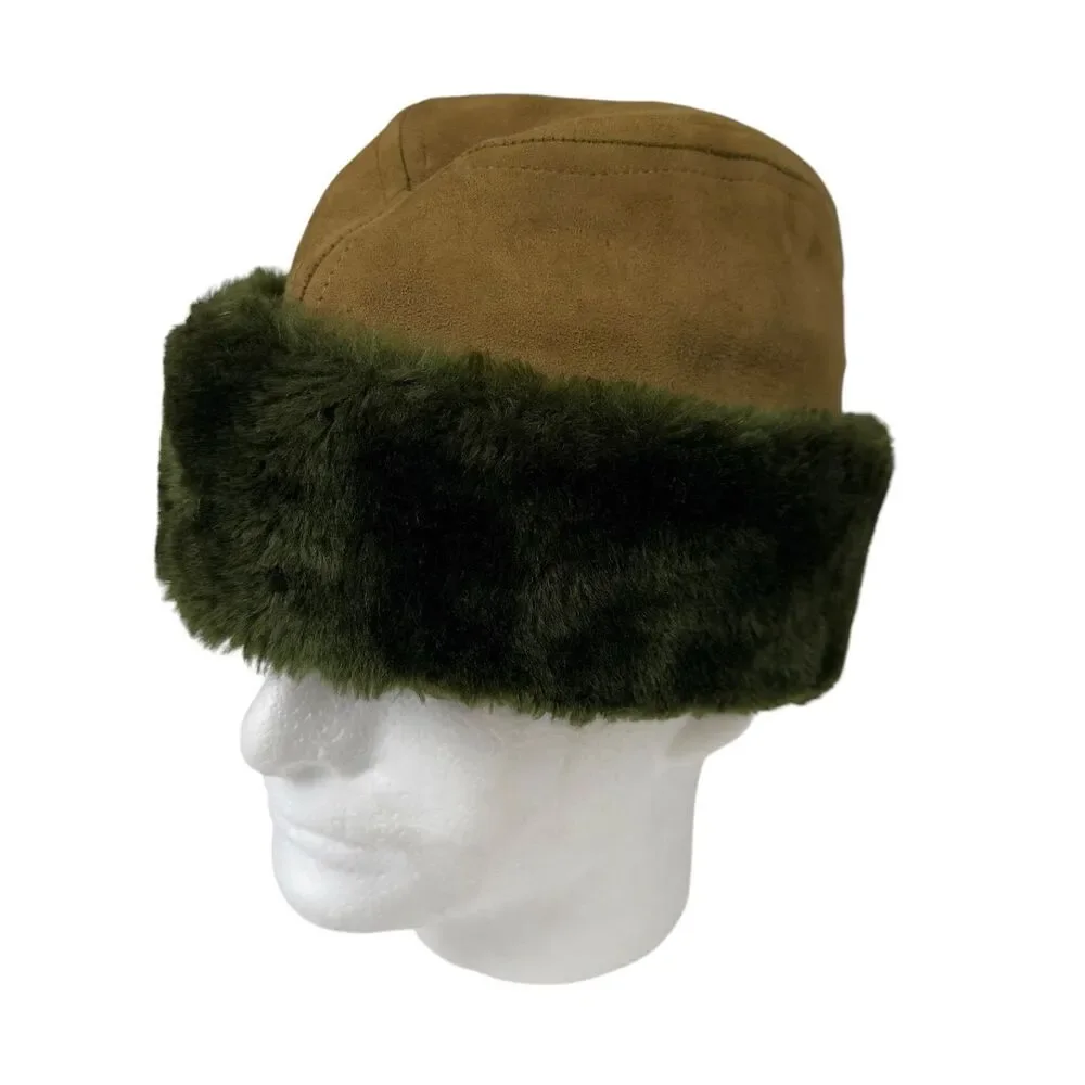 Vintage U.S. Military Cold Weather Cap Hat Faux Fur Trim Olive Brown Size Large